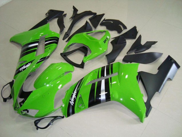 Best 2007-2008 Green and Silver Stripe Kawasaki ZX6R Motorcycle Fairings Kits Canada