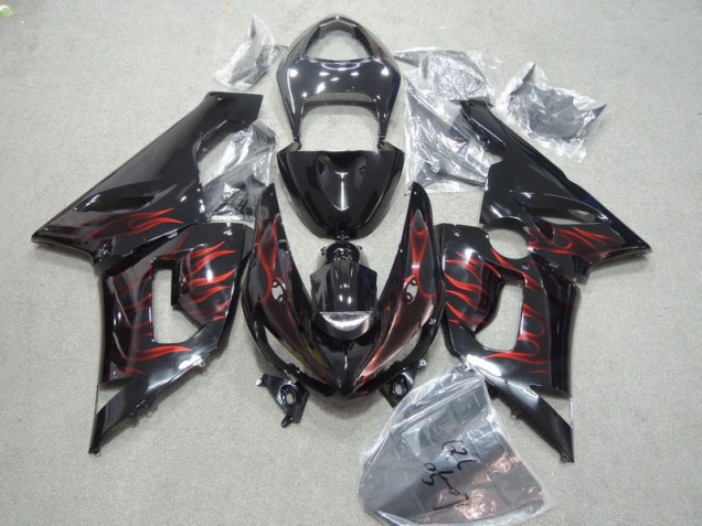 Best 2005-2006 Black Red Flame Kawasaki ZX6R Moto Fairings Canada